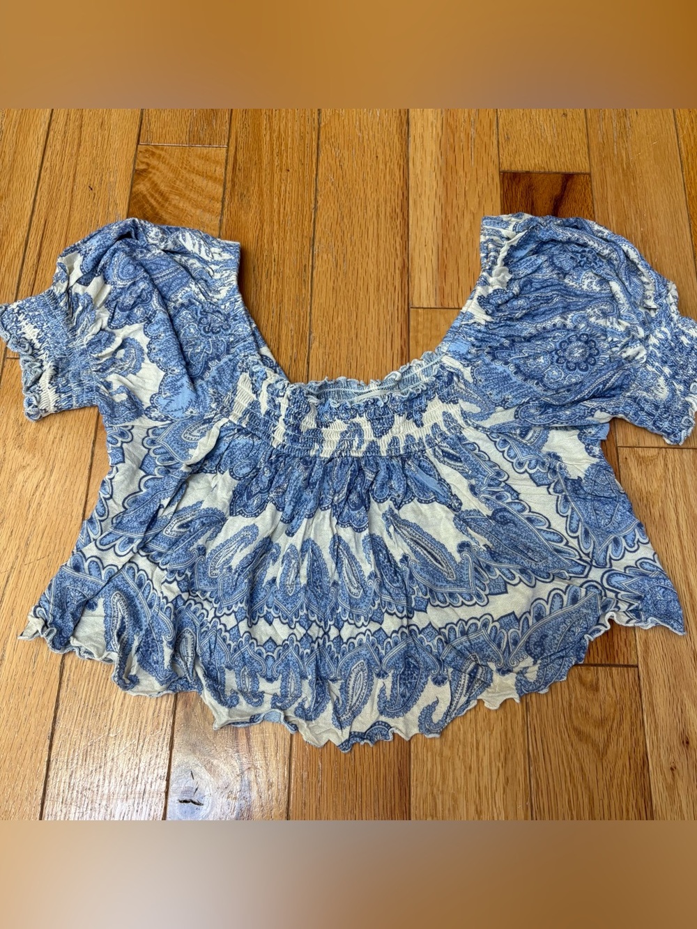 Urban Outfitters Blue & White Paisley Off-Shoulder Crop Top